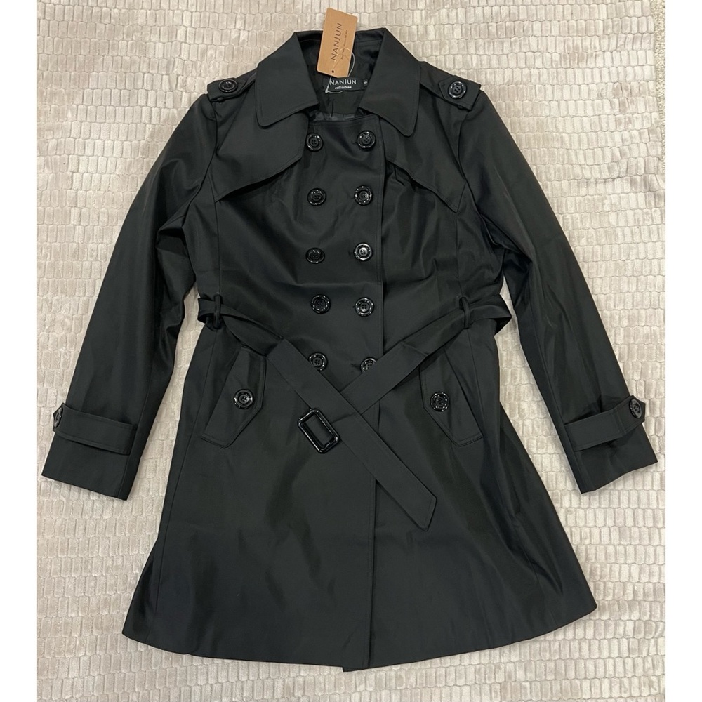 NWT Black Trench Coat women’s double breasted mid length sz 6 Amazon classic